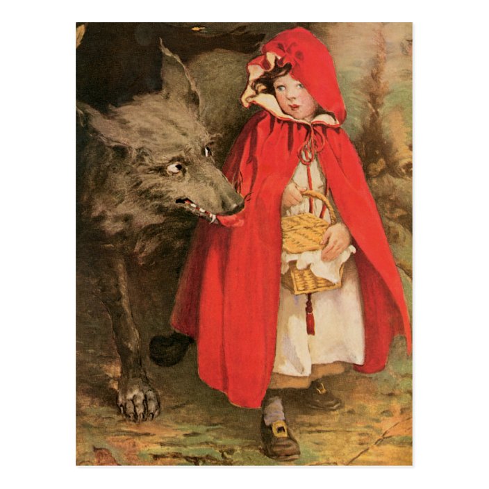 LITTLE RED RIDING HOOD and Starry howling WOLF Russian Unposted Postcard
