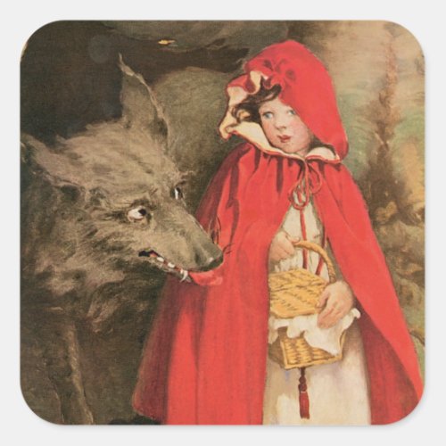 Vintage Little Red Riding Hood and Big Bad Wolf Square Sticker