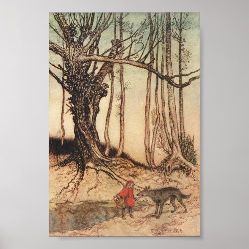 Vintage Little Red Riding Hood in Forest With Wolf Poster