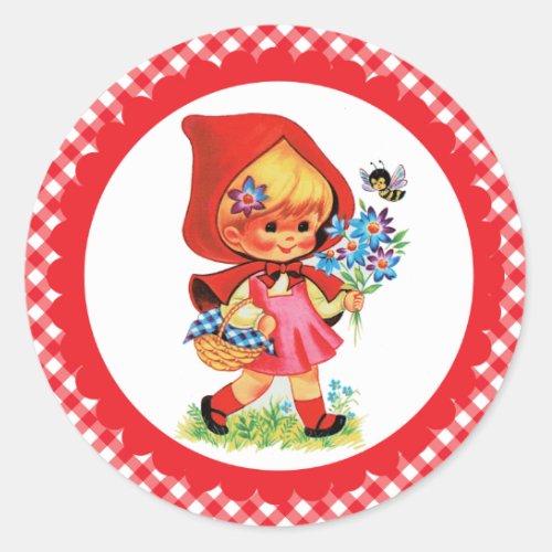 Vintage Little Red Riding Hood on Red Bias Gingham Classic Round Sticker