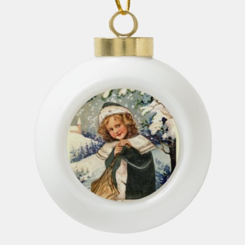 Vintage Little Victorian Girl Winter Snow Ornament