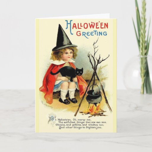 Vintage Little Witch and Black Cat Halloween Card