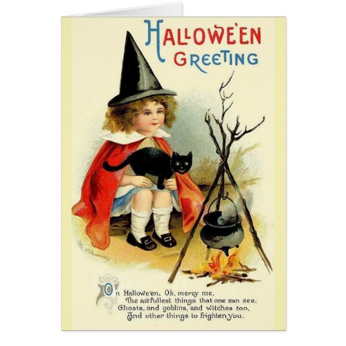 Vintage Little Witch and Black Cat Halloween Card