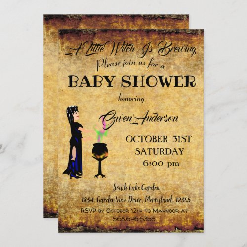 Vintage Little Witch Baby Shower Golden Black Invitation