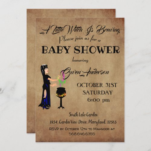 Vintage Little Witch Baby Shower Paper Brown Black Invitation