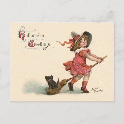 Vintage Little Witch Halloween Greetings Postcard