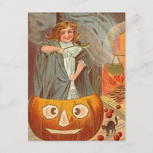 Vintage Little Witch in a Pumpkin Halloween Postcard