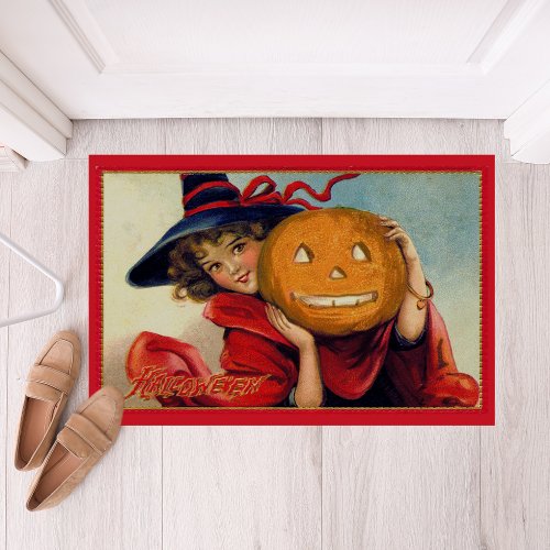 Vintage Little Witch in Red with Jack_O_Lantern Doormat