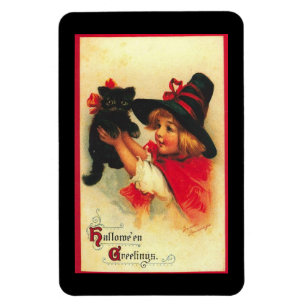 Vintage Little Witch With Kitten Magnet