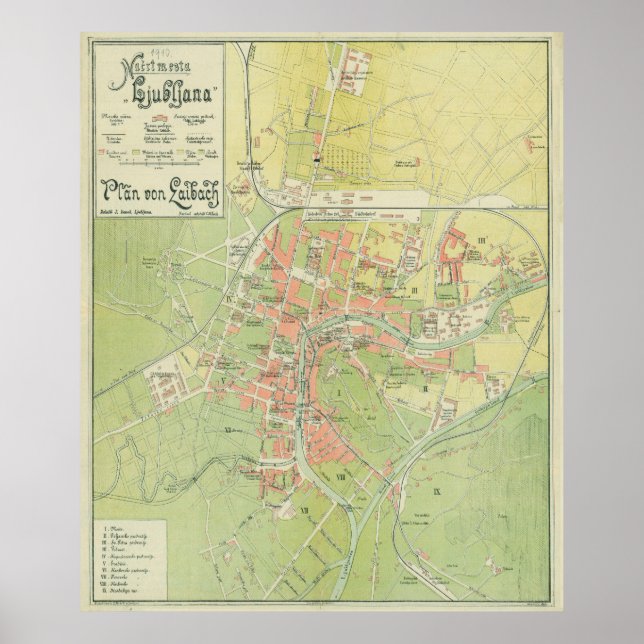 Vintage Ljubljana Slovenia Map (1902) Poster (Front)
