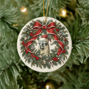 Vintage Llama Christmas Wreath Ceramic Ornament