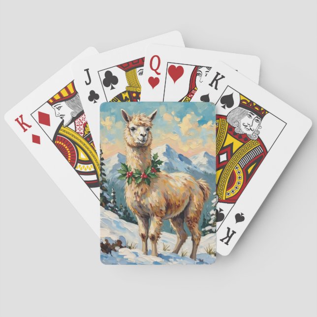 Vintage Llama in Snowy Christmas Meadow Poker Cards (Back)