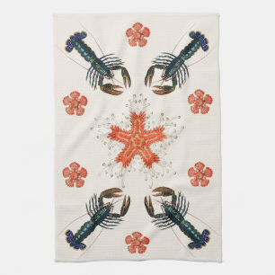Vintage Lobster and Coral Design Collage Kitchen Towel