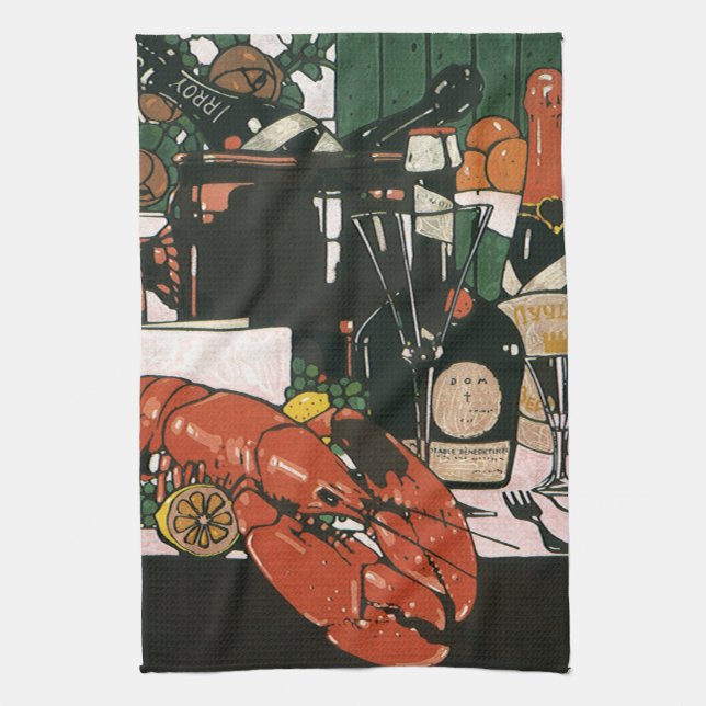Vintage Lobster Champagne; Fancy Elegant Party Kitchen Towel (Vertical)