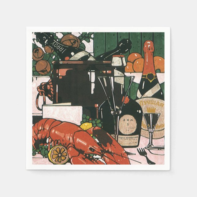 Vintage Lobster Champagne; Fancy Elegant Party Napkins (Front)