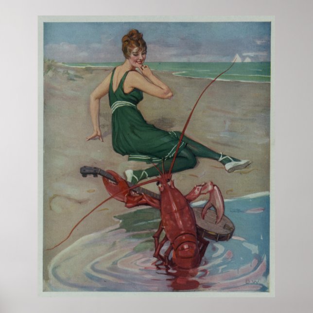 Vintage Lobster Guitar Serenade Illustration Poster (Front)