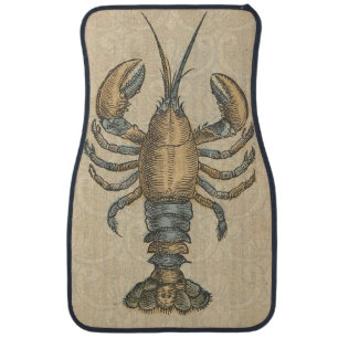 Vintage Lobster Illustration: Coastal Damask Car Floor Mat