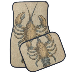 Vintage Lobster Illustration: Coastal Damask Car Floor Mat
