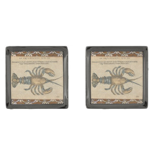 Vintage Lobster Illustration: Coastal Damask Gunmetal Finish Cufflinks