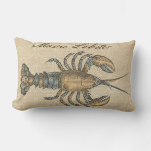 Vintage Lobster Illustration: Coastal Damask  Lumbar Pillow