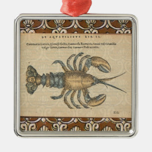 Vintage Lobster Illustration: Coastal Damask Metal Ornament
