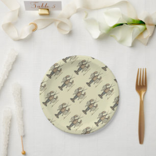 Vintage Lobster Illustration: Coastal Damask Paper Plates