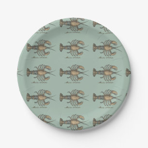 Vintage Lobster Illustration: Coastal Damask Paper Plates