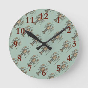Vintage Lobster Illustration: Coastal Damask Round Clock
