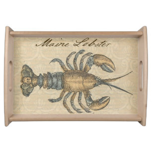 Vintage Lobster Illustration: Coastal Damask  Serving Tray