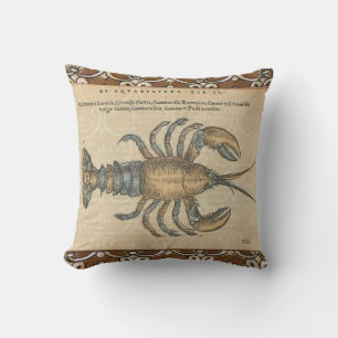 Vintage Lobster Illustration: Coastal Damask  Throw Pillow