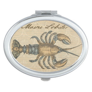 Vintage Lobster Illustration: Coastal Damask Vanity Mirror