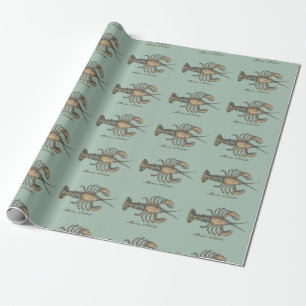 Vintage Lobster Illustration: Coastal Damask Wrapping Paper
