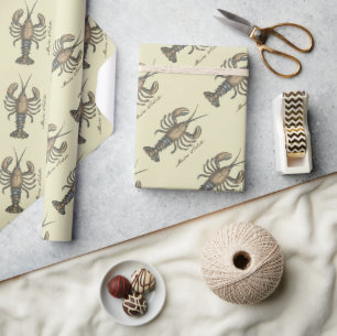 Vintage Lobster Illustration: Coastal Damask Wrapping Paper