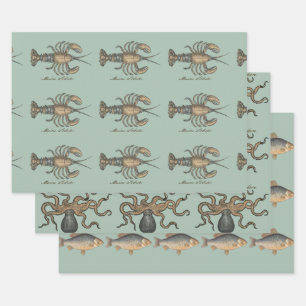 Vintage Lobster Illustration: Coastal Damask Wrapping Paper Sheets