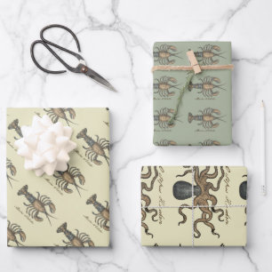Vintage Lobster Illustration: Coastal Damask Wrapping Paper Sheets