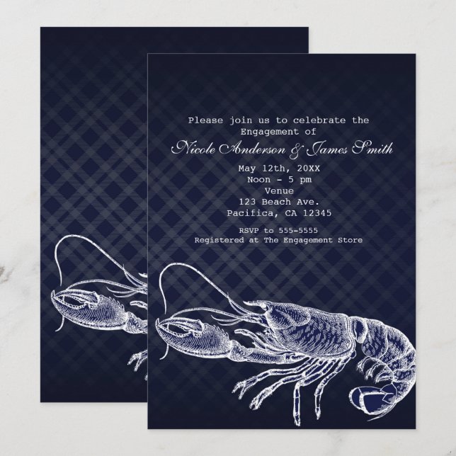 Vintage Lobster Navy Blue Elegant Invitations (Front/Back)