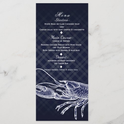 Vintage Lobster Navy Blue Elegant Party Menu Card