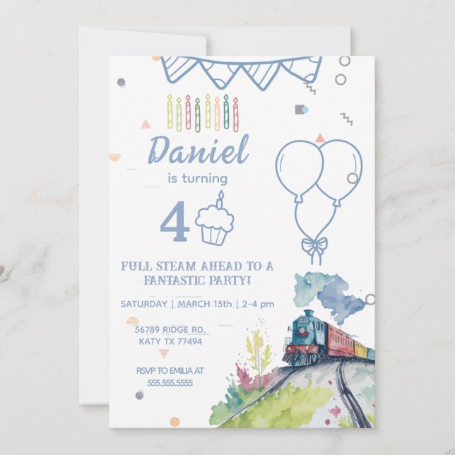Vintage Locomotive Birthday Invitation Train Kids (Front)