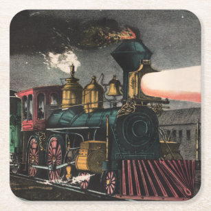 Vintage Locomotive Night Express Train Square Paper Coaster