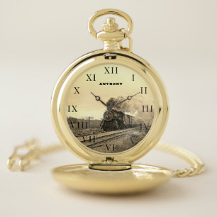 Vintage Locomotive Train Birthday Black Gold Pocket Watch
