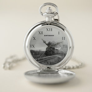 Vintage Locomotive Train Birthday Black Silver Pocket Watch