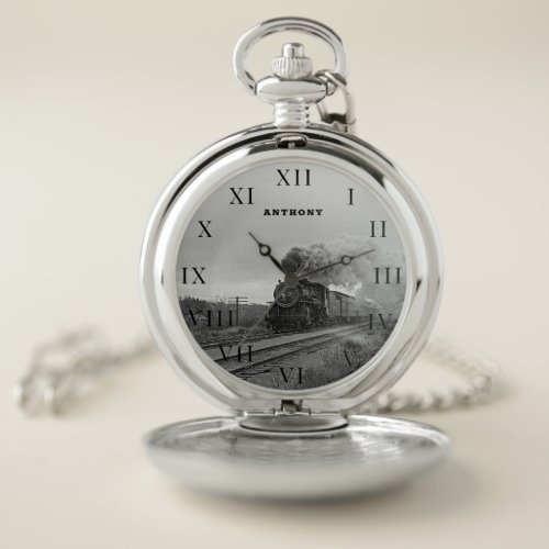 Vintage Locomotive Train Birthday Black Silver Pocket Watch