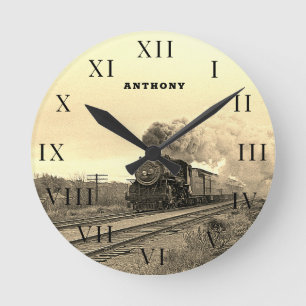 Vintage Locomotive Train Engine Railway Steam Round Clock