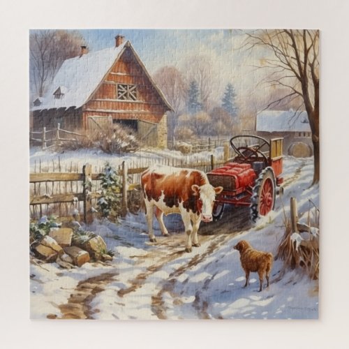Vintage Log Barn With Cow Sheep and Farm Tractor Jigsaw Puzzle