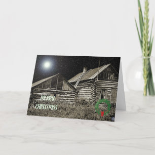 VINTAGE LOG CABIN 1920'S SNOWY DARK SKY STAR PHOTO HOLIDAY CARD