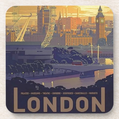 Vintage London Big Ben Parliament Thames River Beverage Coaster