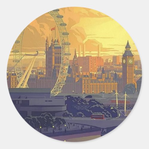 Vintage London Big Ben Parliament Thames River Classic Round Sticker