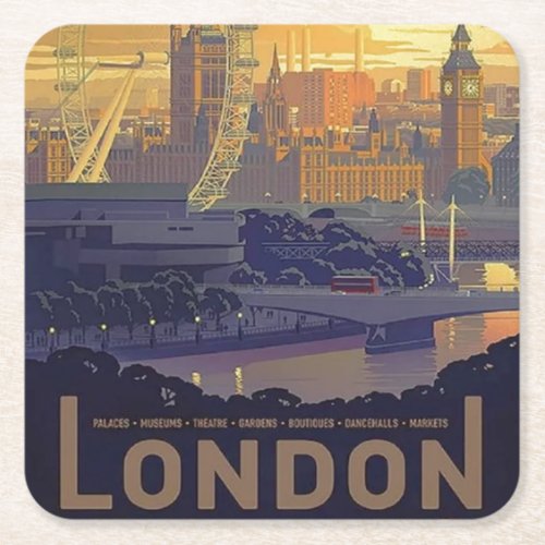 Vintage London Big Ben Parliament Thames River Square Paper Coaster