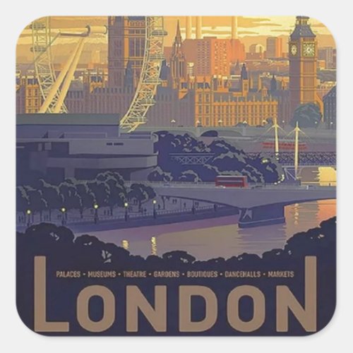 Vintage London Big Ben Parliament Thames River Square Sticker