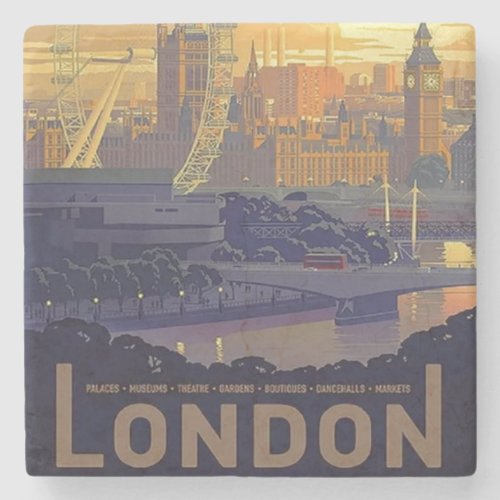 Vintage London Big Ben Parliament Thames River Stone Coaster